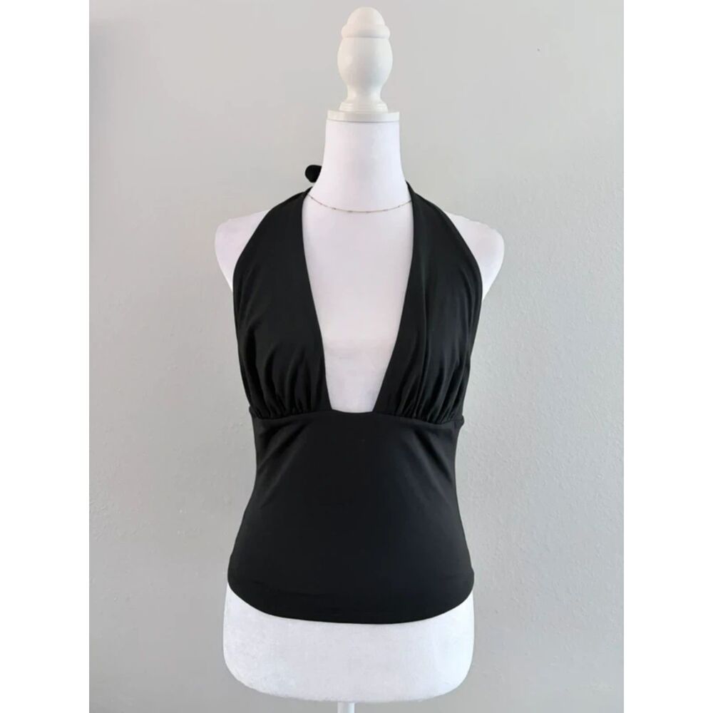 REORIA Y2K Black Halter Crop Top Deep V Open Back Going Out Top